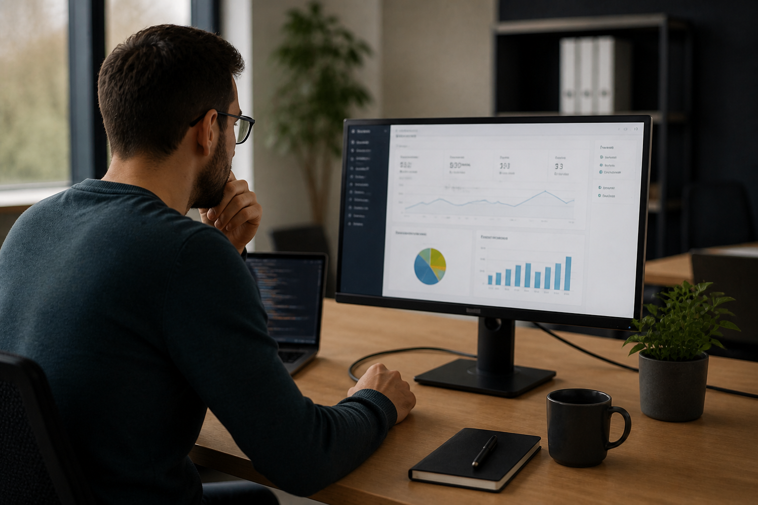Ein Man sitzt am Schreibtisch und schaut auf ein Monitor.