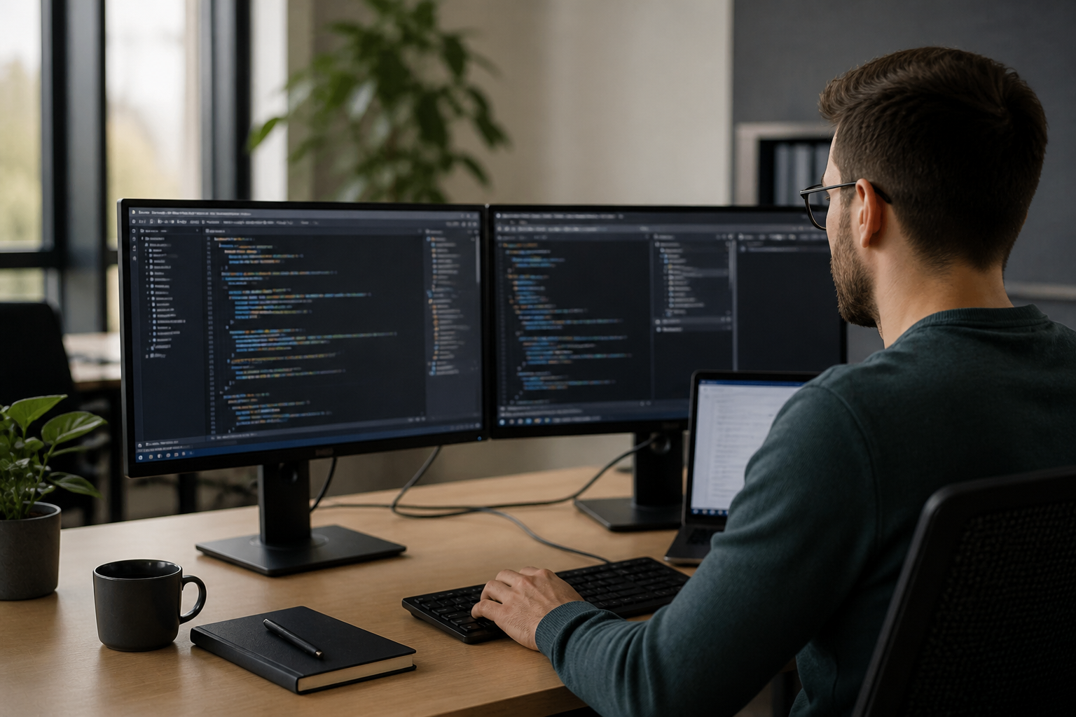Ein Man sitzt am Schreibtisch und schaut auf ein Monitor.